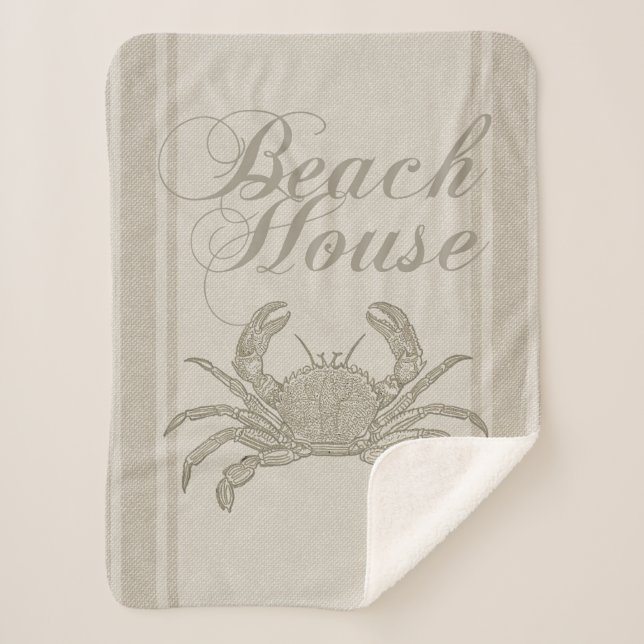 Beach House Crab Seashore Coastal Vintage Sherpa Blanket (Front)