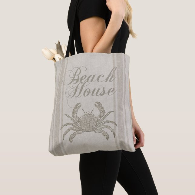 Beach House Crab Seashore Coastal Vintage Tote Bag (Close Up)
