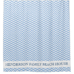 Beach House Custom Name Herringbone Blue White Shower Curtain
