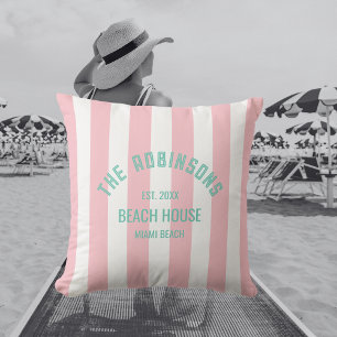 Beach House Custom Name Pink Cabana Stripe Cushion