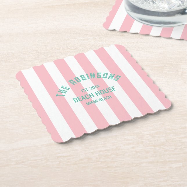 Beach House Custom Name Pink Cabana Stripe Paper Coaster (Angled)