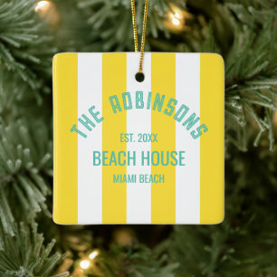 Beach House Custom Name Yellow Cabana Stripe Ceramic Ornament