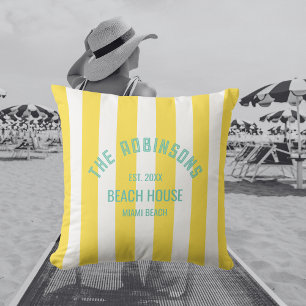 Beach House Custom Name Yellow Cabana Stripe Cushion