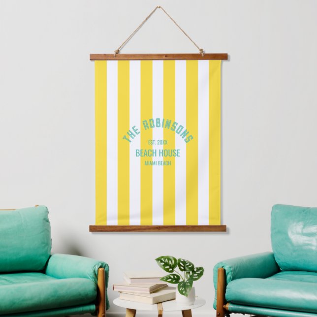Beach House Custom Name Yellow Cabana Stripe Hanging Tapestry (Living Room)