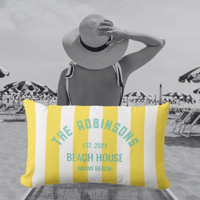 Beach House Custom Name Yellow Cabana Stripe Lumbar Cushion (Creator Uploaded)
