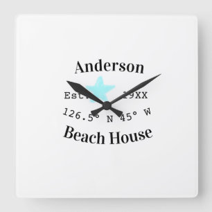 Beach house Date year custom coordinates add est. Square Wall Clock