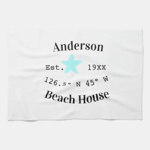 Beach house Date year custom coordinates add est. Tea Towel