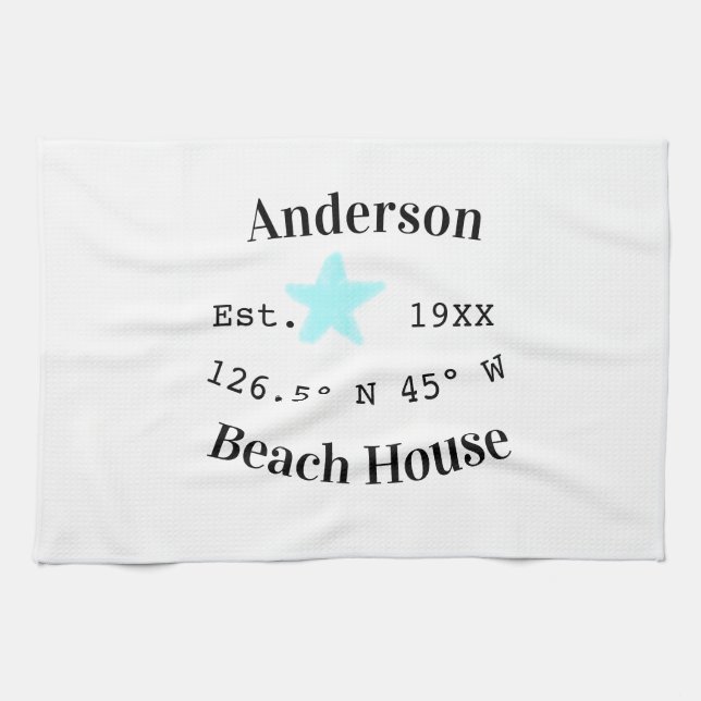 Beach house Date year custom coordinates add est. Tea Towel (Horizontal)