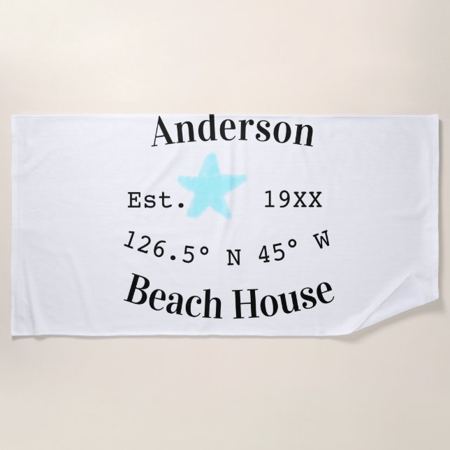 Beach house Date year custom coordinates add est. Towel (Front)