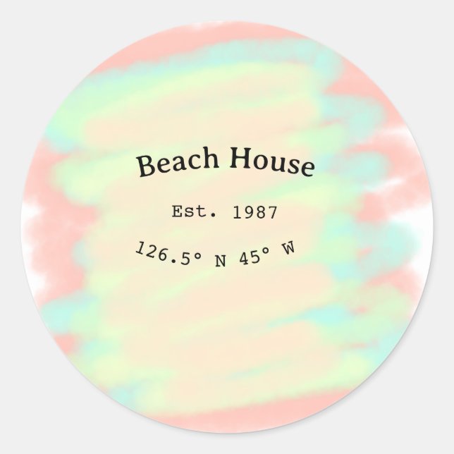 Beach house ets. Date year custom coordinates add Classic Round Sticker (Front)