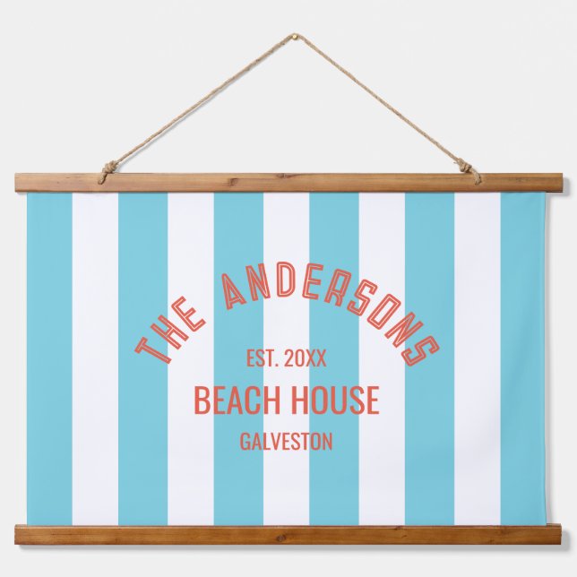 Beach House Family Name Blue Cabana Stripe Hanging Tapestry (Front)