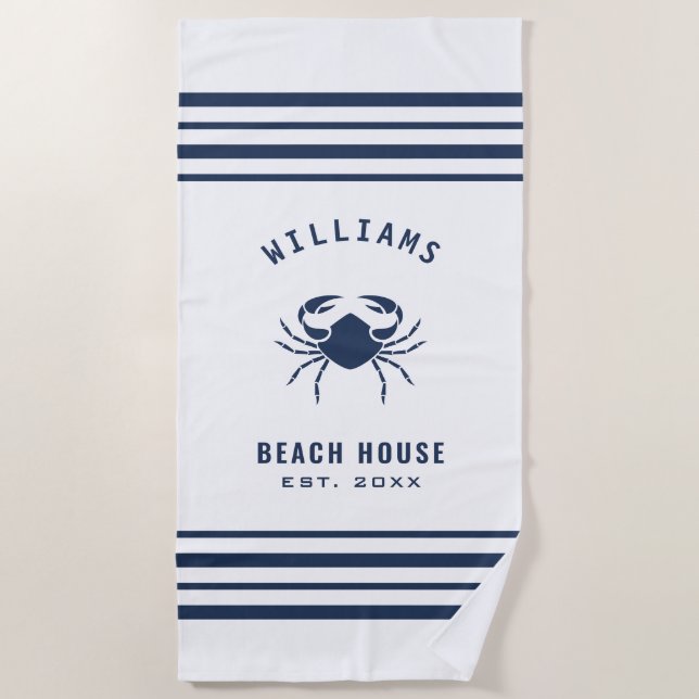 Beach House Family Name Crab Navy Blue And White Beach Towel (Front)