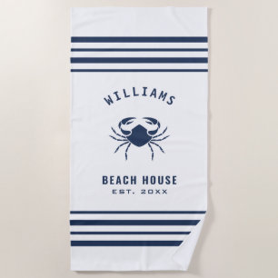 Beach House Family Name Crab Navy Blue And White Towel