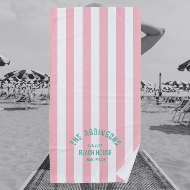 Beach House Family Name Pink Cabana Stripe Beach Towel (Creator Uploaded)