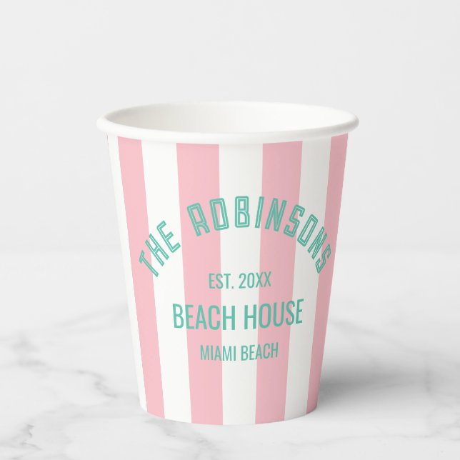 Beach House Family Name Pink Cabana Stripe Napki Paper Cups (Front)