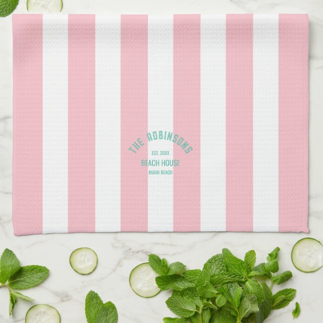 Beach House Family Name Pink Cabana Stripe Tea Towel (Folded)