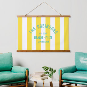 Beach House Family Name Yellow Cabana Stripe Hanging Tapestry