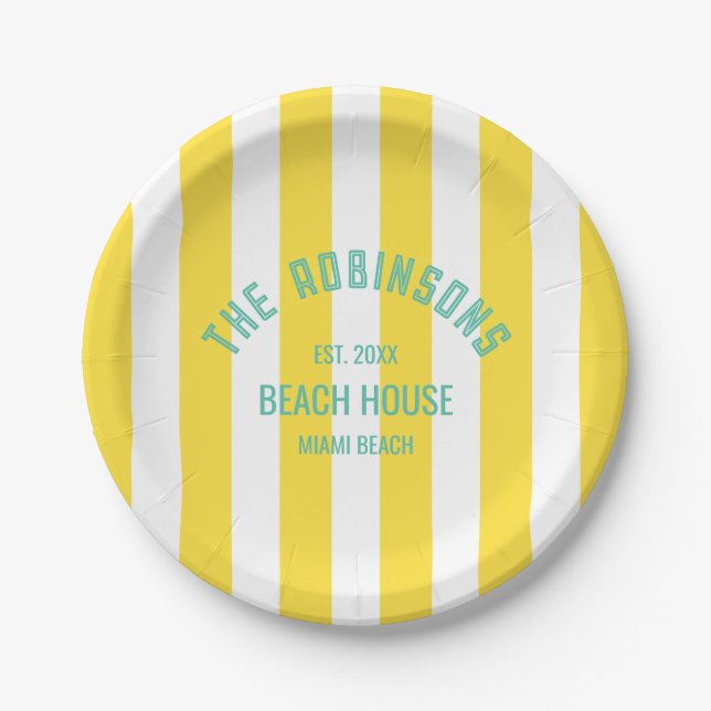 Beach House Family Name Yellow Cabana Stripe Paper Plate (Front)
