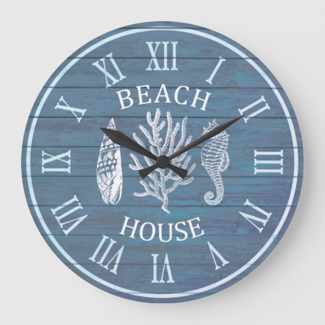 Beach House Grey Blue Wood Coral Seahorse Large Cl Clock (Front)