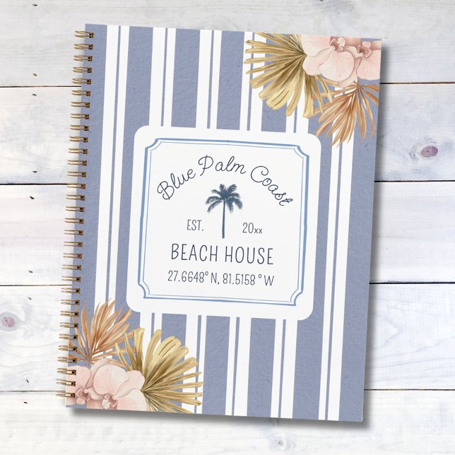 Beach House Guest Book Blue Stripes Coastal Boho  (Close up)