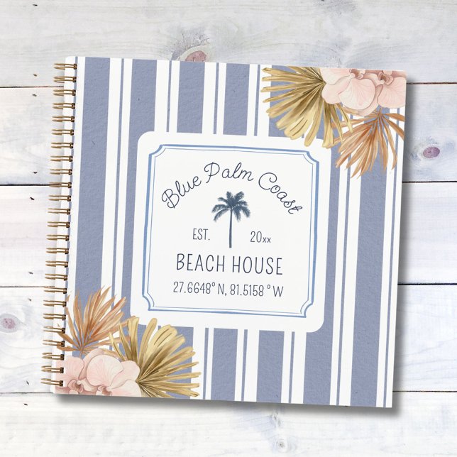 Beach House Guestbook Blue Stripes Coastal Boho Notebook (Close up)