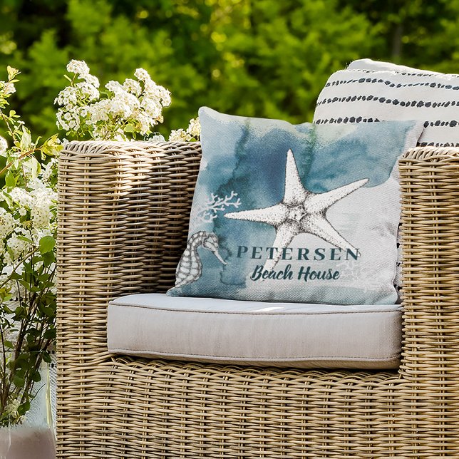 Beach house modern white starfish family name cushion (Creator Uploaded)