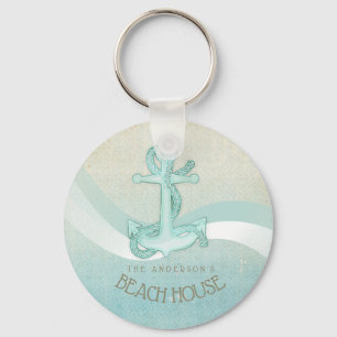 Beach House Nautical Anchor and Rope Aqua ID623 Key Ring