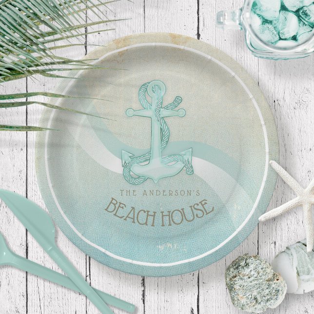 Beach House Nautical Anchor and Rope Aqua ID623 Paper Plate (Creator Uploaded)