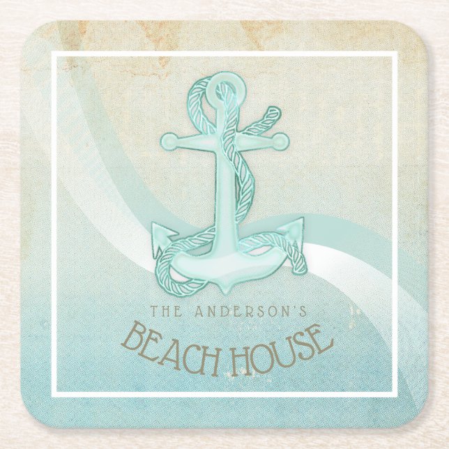 Beach House Nautical Anchor and Rope Aqua ID623 Square Paper Coaster (Front)