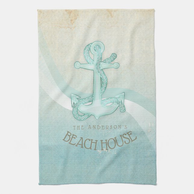 Beach House Nautical Anchor and Rope Aqua ID623 Tea Towel (Vertical)