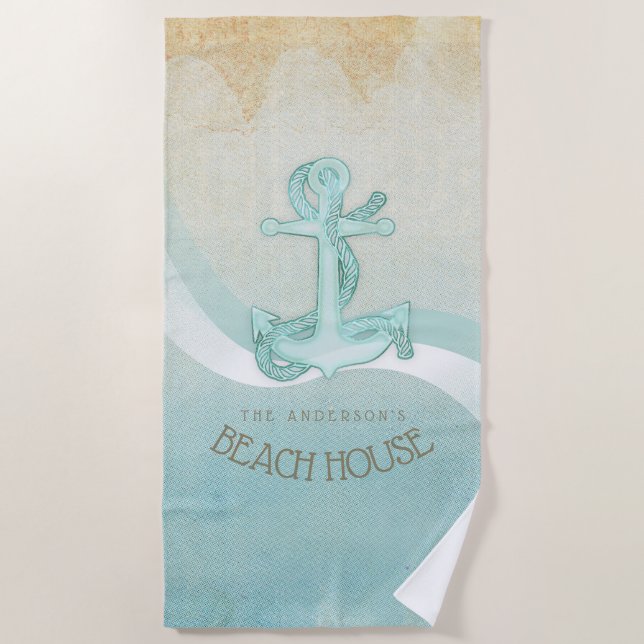 Beach House Nautical Anchor and Rope Aqua ID623 Towel (Front)