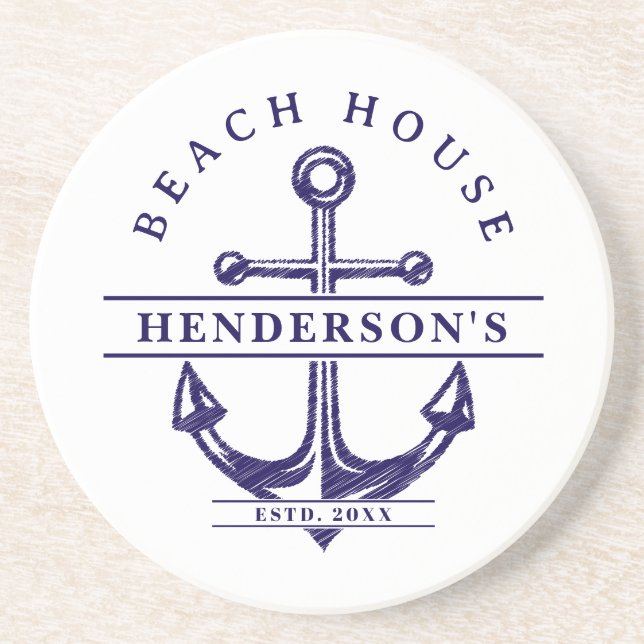 Beach House Nautical Anchor Blue Coaster (Front)