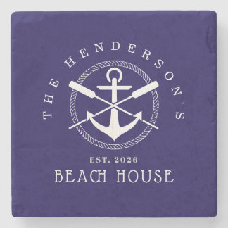 Beach House  Nautical Anchor Blue décor Vacation Stone Coaster