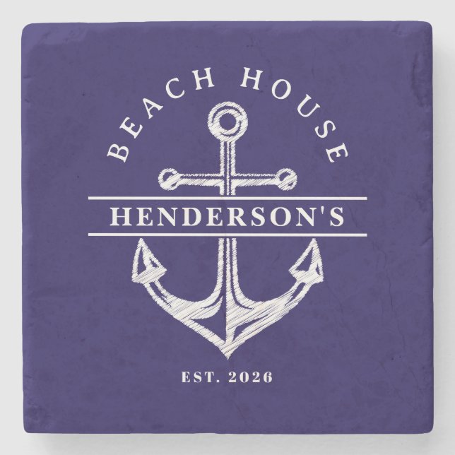 Beach House Nautical Anchor Blue navy Vacation Stone Coaster (Front)