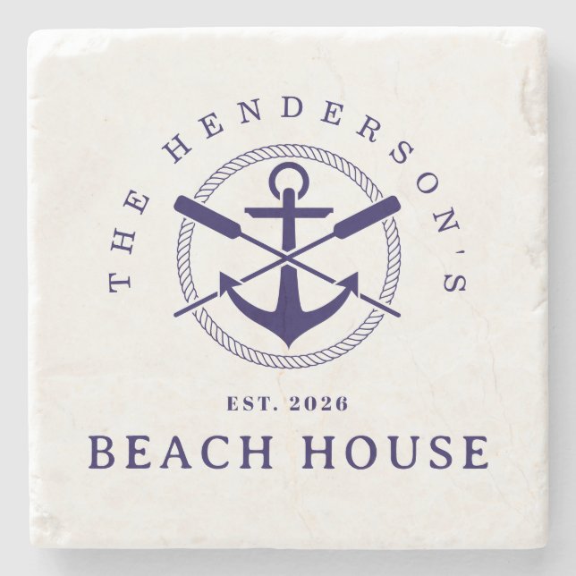 Beach House  Nautical Anchor Blue navy Vacation Stone Coaster (Front)