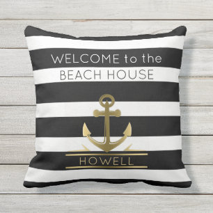 Beach House Nautical Anchor Family Name B&W Stripe Cushion