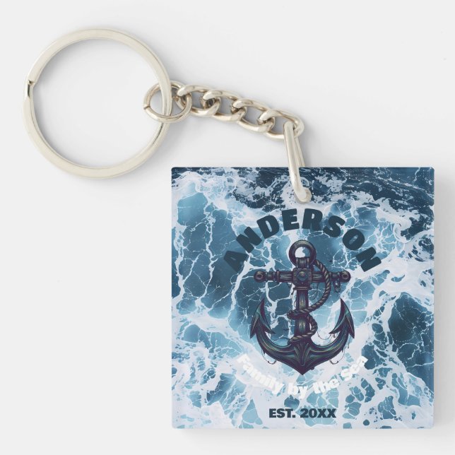 Beach House Nautical Anchor Ocean Wave Personalise Key Ring (Front)
