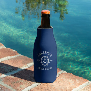 Beach House Nautical Anchor Rope Helm Navy Blue Bottle Cooler