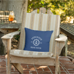 Beach House Nautical Anchor Rope Helm Navy Blue Cushion