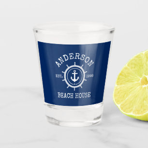 Beach House Nautical Anchor Rope Helm Navy Blue Shot Glass