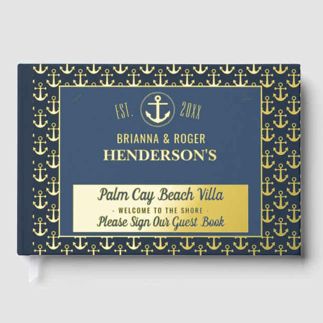 Beach House Nautical Anchors Vacation Rental Gold Guest Book (Front)