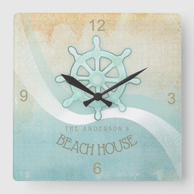 Beach House Nautical Boat Helm Aqua Blue ID623 Square Wall Clock (Front)