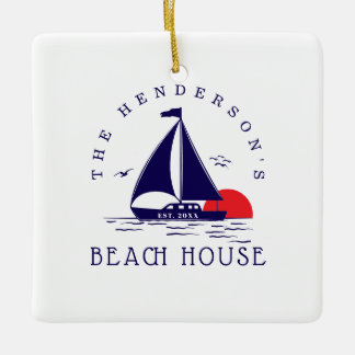 Beach House Nautical boat Sunset navy blue Ceramic Ornament