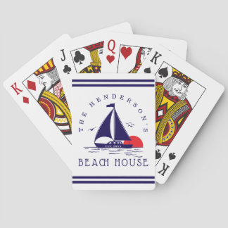 Beach House Nautical boat Sunset navy blue Playing Cards