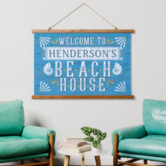 Beach House Nautical Coastal Shells Custom Name Hanging Tapestry (Living Room)