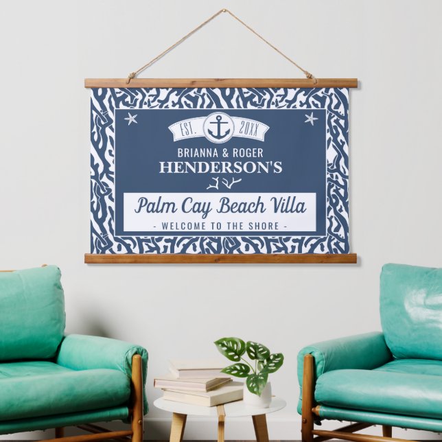 Beach House Nautical Coral Pattern Personalised Hanging Tapestry (Living Room)