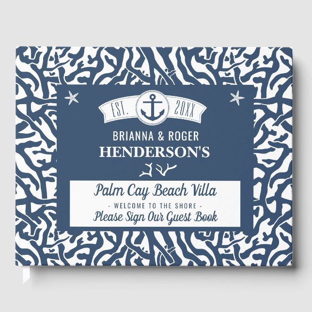 Beach House Nautical Coral Pattern Vacation Rental Guest Book (Front)