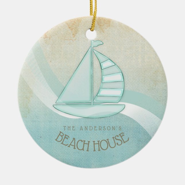 Beach House Nautical Sailboat Aqua Blue ID623 Ceramic Tree Decoration (Front)