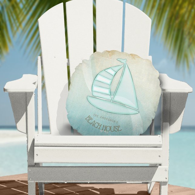 Beach House Nautical Sailboat Aqua Blue ID623 Round Cushion (Creator Uploaded)