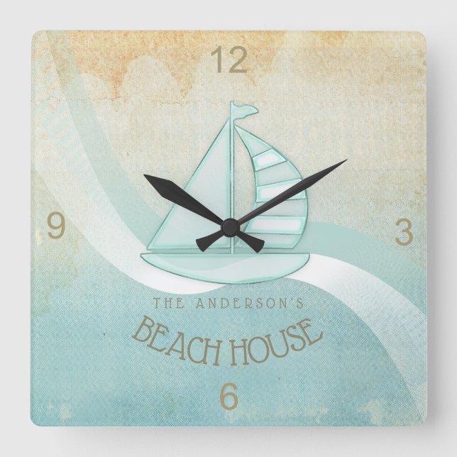 Beach House Nautical Sailboat Aqua Blue ID623 Square Wall Clock (Front)